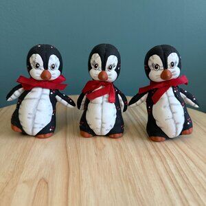 3 Vintage Handmade Penguin Figurines Christmas With Red Bow Ties